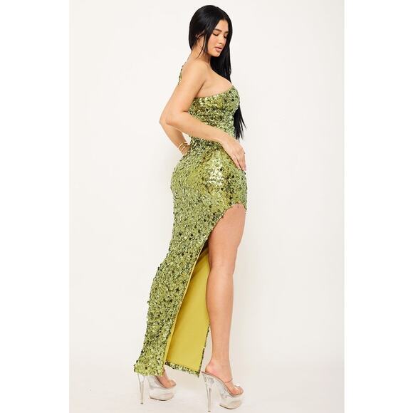 Moss Green Sequins One Shoulder Maxi Dress - Picture 3 of 4
